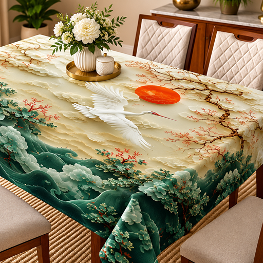 Table cover design flying red crowned crane image 2