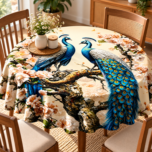 Round Table cover  design two peacocks