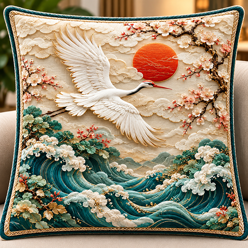 cusion cover design flying red crowned crane