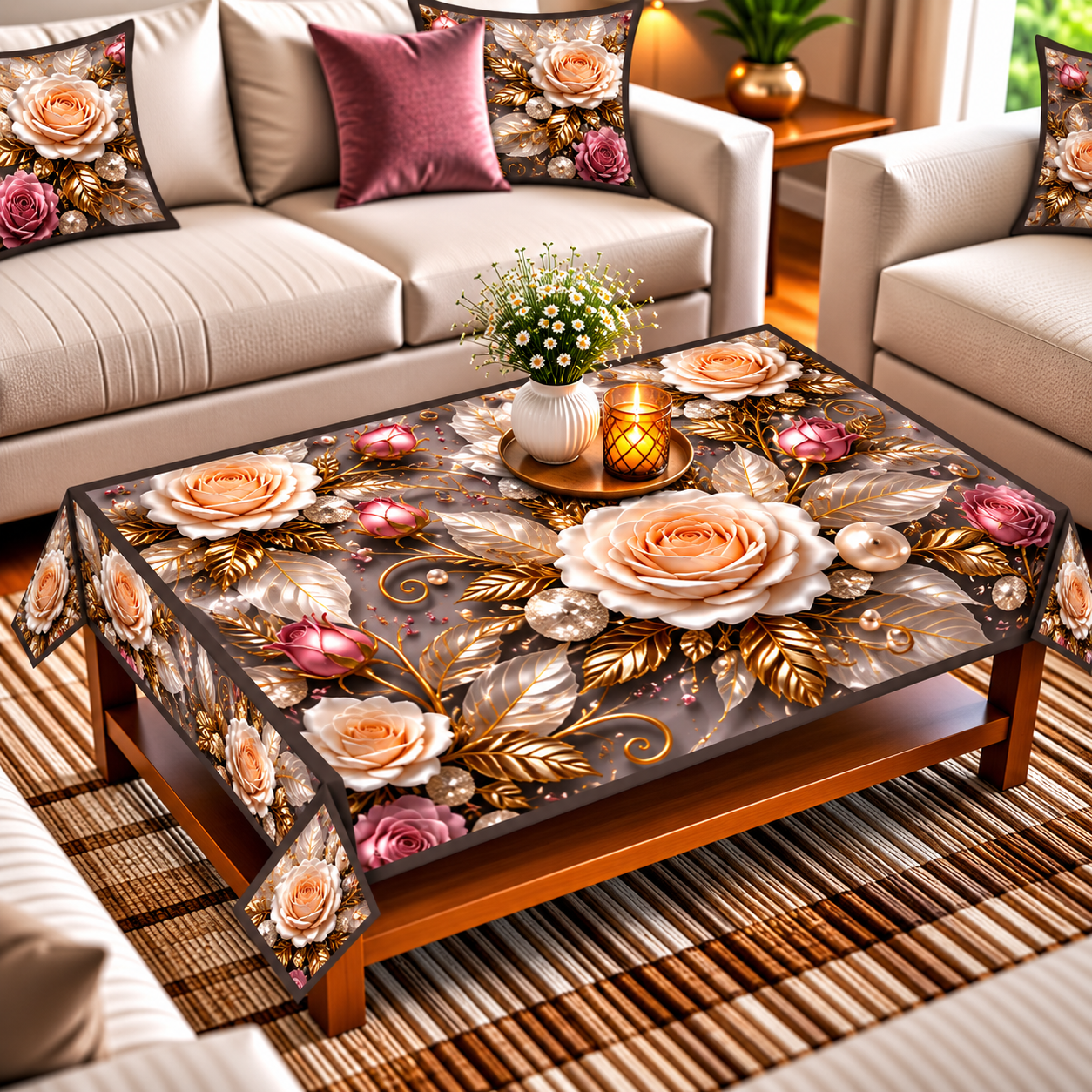Table cover design pink roses